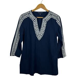 Brooks Brothers 346 Womens Linen Embroidered Tunic Top in Navy Sz S Boho Neutral
